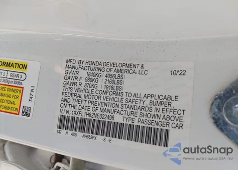 2022 Honda Civic Sport Touring from USA, damaged, VIN 19XFL1H82NE022498